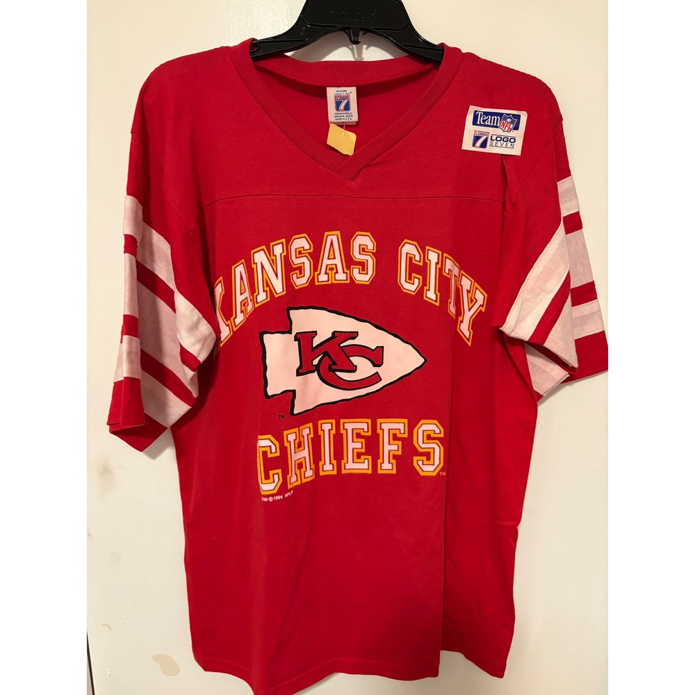 Vintage 1994 Kansas City Chiefs Logo 7 T Shirt Red Jersey V-Neck Mens L USA Made
